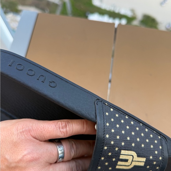 GUCCI Supreme Guccy Black + Gold STAR SLIDE- 7.5 Euro OR 4.5  Gucci Black and Gold Star Slide Sandals AUTHENTIC size 38